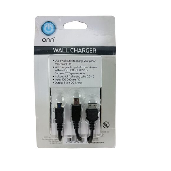 Onn Wall Charger 3 in 1 Micro Mini USB Samsung 20 Pin Connector Black - Picture 2 of 4